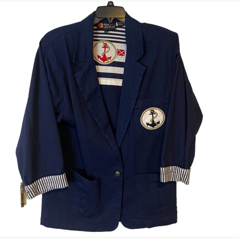 Andy Johns Blazer Womens Large Blue Nautical Vintage 80s Anchor Striped Cuffs